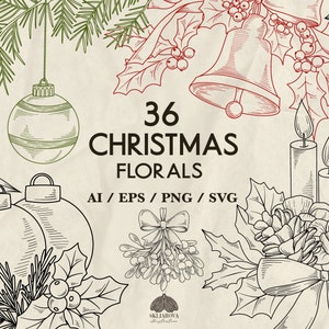 Pacchetto SVG di Natale, Vischio SVG, Decorazione dell'albero di Natale SVG, Stella di Natale SVG, Agrifoglio SVG, Disegno botanico, Floreale invernale SVG, File di taglio