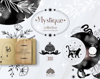May include: A collection of 388 mystical elements, including hand-drawn illustrations of moths, cats, snakes, crystals, and moons. The illustrations are in black and white and have a vintage, occult aesthetic.