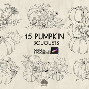 May include: A set of 15 black and white digital stamps featuring pumpkin bouquets with leaves and flowers. The stamps are designed for use with the Procreate app. "15 Pumpkin Bouquets" and "Stamps for Procreate" are written in the image.