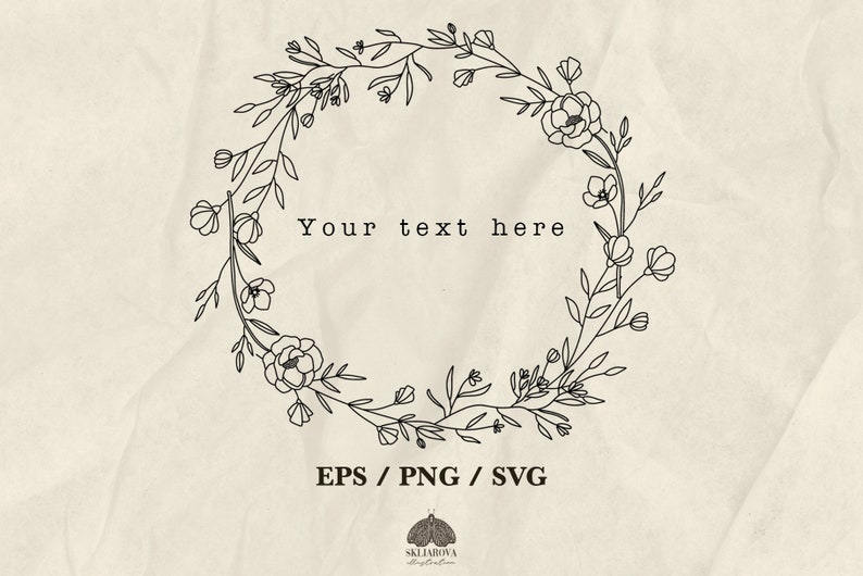 Op de afbeelding: Een zwart-witte lijntekening van een bloemenkrans met de tekst "Your text here" in het midden. De krans is gemaakt van bladeren en bloemen.