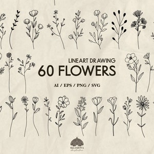 Bundle de fleurs sauvages Svg dessin au trait botanique fleurs des prés fichier Png pour cricut dessin au trait minimaliste Contour floral de fleurs sauvages