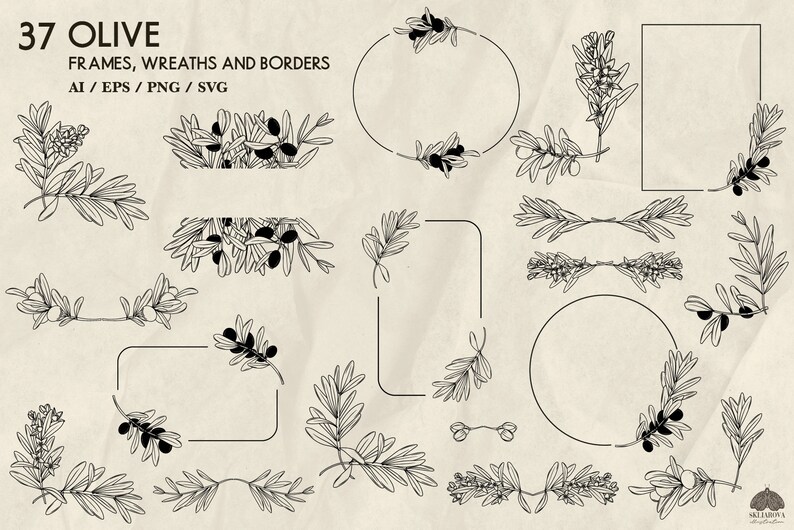 Olive Branch Wreaths and Frames SVG: 37 Botanical Line Art ...