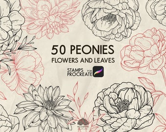 May include: A digital illustration of 50 black and white line drawings of peonies, flowers, and leaves. The text "50 PEONIES FLOWERS AND LEAVES" is in the center of the image. The text "STAMPS FOR PROCREATE" is below the title. The image is on a beige background.