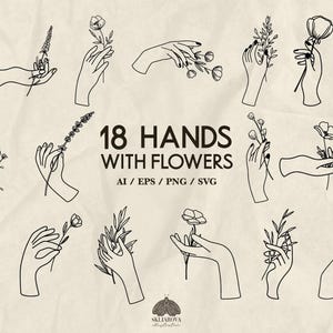 Pacchetto Svg mano Mano estetica con silhouette di fiori Mani floreali svg per cricut Segno della mano svg Simbolo della mano png Disegno della mano Svg Contorno della mano