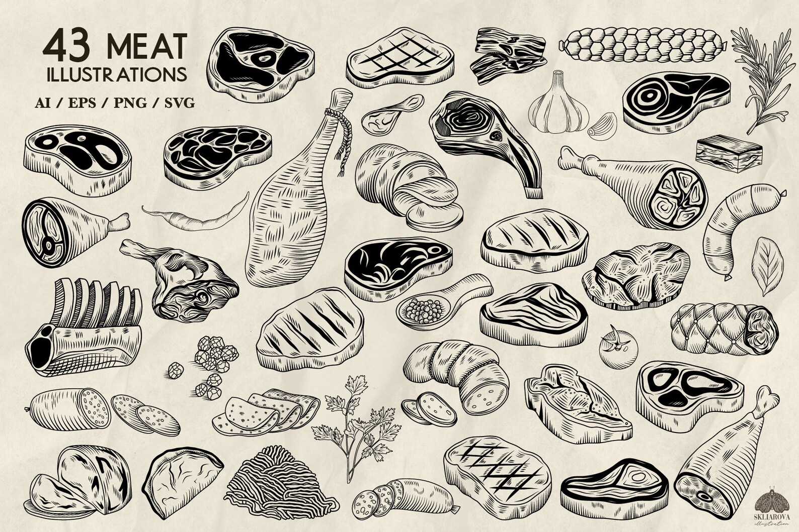 Meat Line Art SVG Bundle: 43 Food Outline Illustrations (+ PNG, EPS) - Etsy