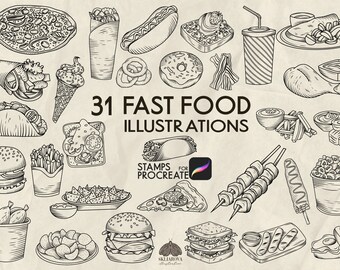 Fast Food Stamps for Procreate: 31 Line Art Brushes (Procreate iPad Only)