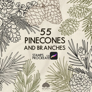 Puede incluir: Un conjunto de 55 sellos digitales para Procreate con ilustraciones en blanco y negro de piñas y ramas. Los sellos son perfectos para agregar un toque de naturaleza a tu arte digital.