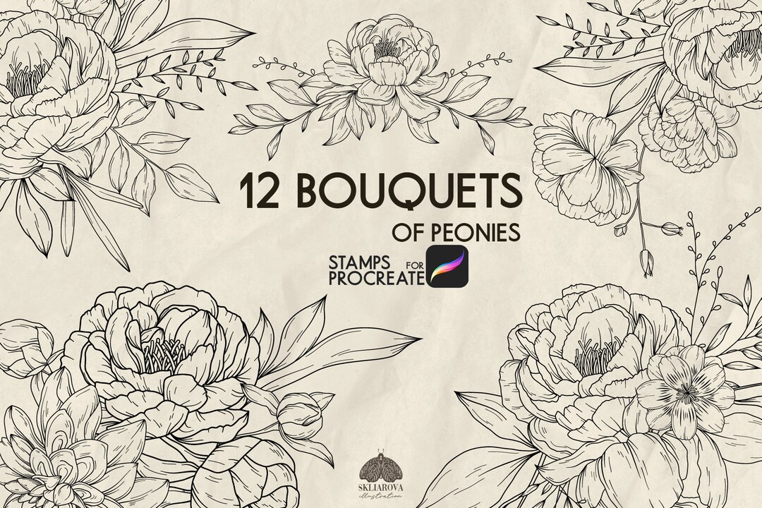 Peony Flower Bouquets Procreate Stamps: 12 Floral Line Art Brushes ...