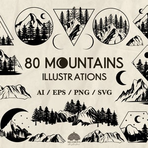 Montagne SVG Bundle Natura file per Cricut Montagna geometrica Silhouette Foresta Scenario Paesaggio di montagna Svg Clipart Pino Svg Png