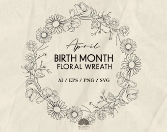 April Birth Flower Wreath SVG: Sweet Pea & Daisy Line Art Border (+ PNG, EPS)