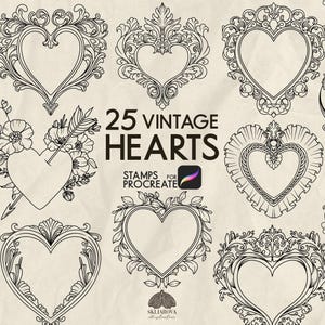Vintage Herzen Procreate Stempelpinselset Love Heart Stempelpinsel für Procreate Line Zeichnung schrulliges Herz und Pfeil Monogramm Herzrahmen