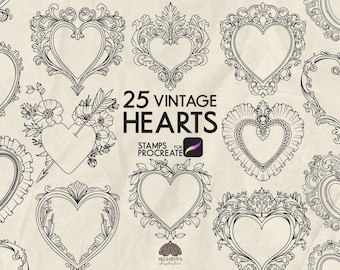 Vintage Hearts Procreate Stamp Brushes set Love Heart Stamp brush for Procreate Line Drawing Quirky Heart and Arrow Monogram heart frame