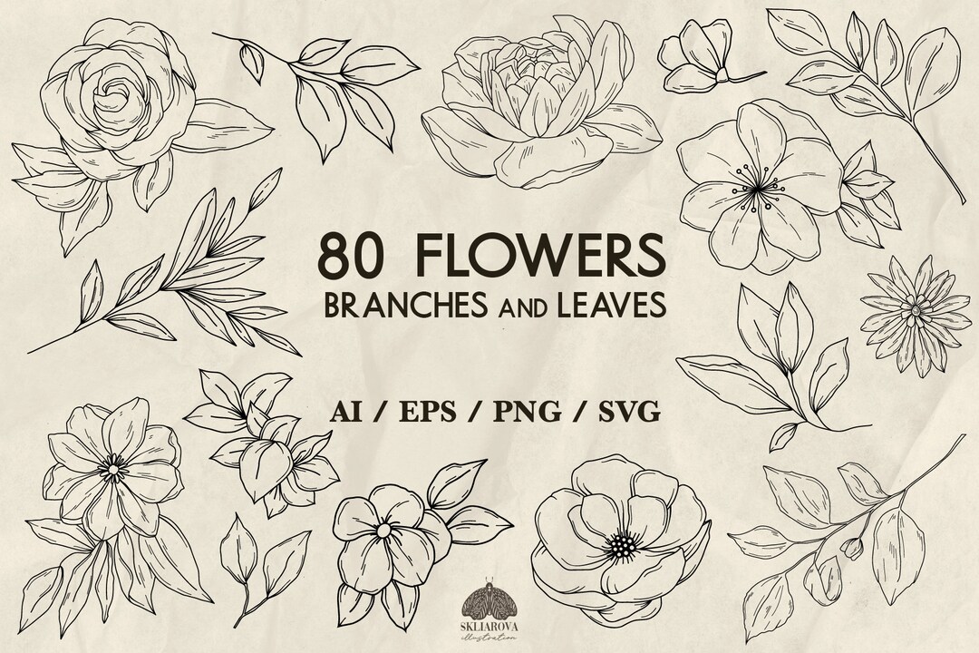 Botanical SVG Bundle: 80 Line Art Flowers, Leaves, Branches (+ Png, Eps ...