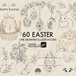 May include: 60 black and white line drawing illustrations of Easter themed images for Procreate.  The images include bunnies, eggs, flowers, baskets, and more.