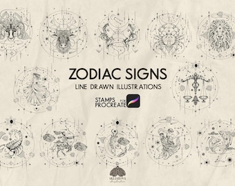 May include: A collection of line-drawn zodiac sign illustrations in a circular design. Each sign is depicted with intricate details and surrounded by celestial elements. The text "ZODIAC SIGNS LINE DRAWN ILLUSTRATIONS" is displayed prominently.
