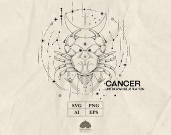 Cancer Zodiac Sign SVG: Astrology Vector Line Art Tattoo Design (+ Png, Eps, Ai)