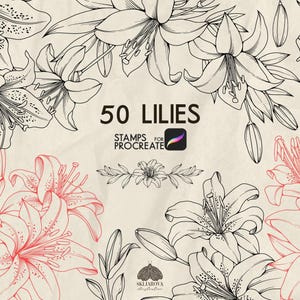 May include: Digital art stamps for Procreate featuring 50 lily illustrations. The image showcases detailed line drawings of lilies in black and red, with the text "50 Lilies" and "Stamps for Procreate". The background is a textured, off-white color.