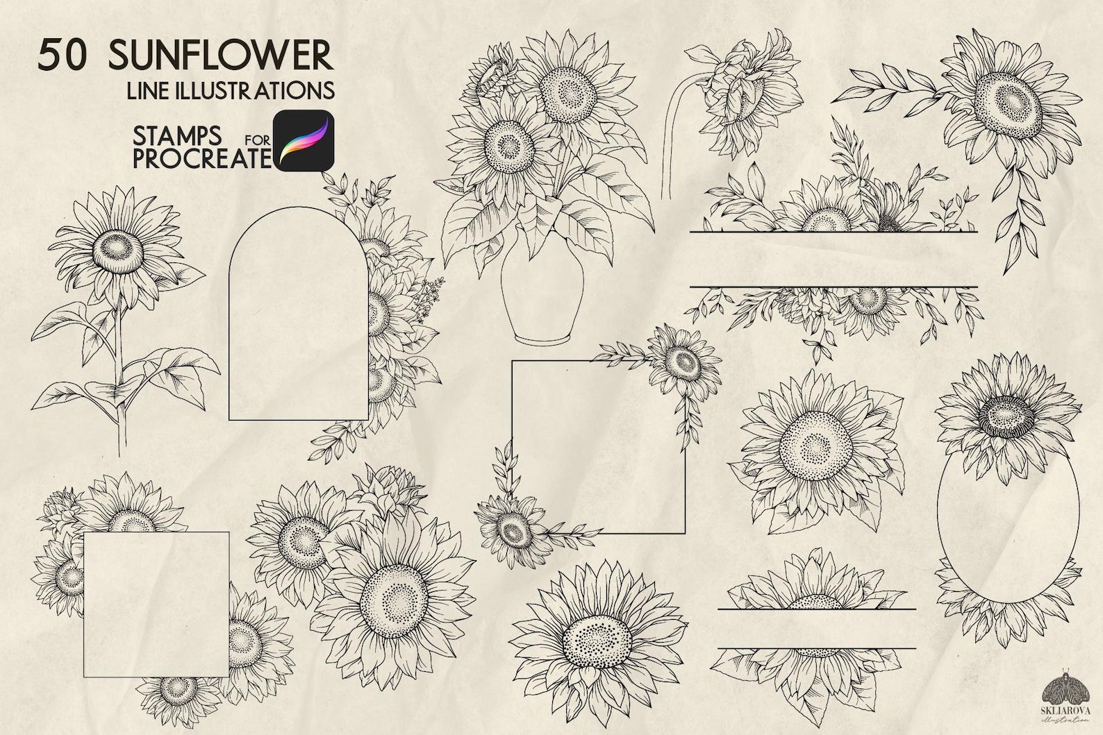 Sunflower Procreate Stamps: 50 Flower Line Art Brushes (procreate iPad ...