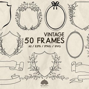 Vintage Crest Frames Svg Bundle Ribbon Svg Moldura peculiar Bordas florais onduladas clipart Moldura ondulada desenhada à mão Png Moldura de casamento para convite