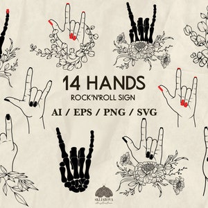 Rock'n'Roll Handzeichen geschnitten Datei Heavy Metal Illustration Rock On Musik Illustration Skelett Hand mit Blumen Blumen Hand Cricut Lustig Rot Polnisch Silhouette