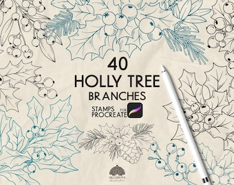 May include: A digital illustration featuring 40 holly tree branches with berries and leaves in black and teal outlines on a textured beige background. The text reads 40 HOLLY TREE BRANCHES STAMPS FOR PROCREATE. A white stylus is positioned diagonally.