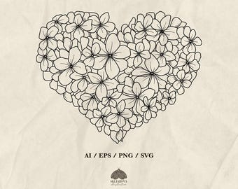 Floral heart Svg: Hydrangea Flower Outline, Love Design (+PNG, EPS)