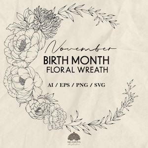 Carte d'anniversaire Svg novembre, mois de naissance, guirlande de fleurs, Svg pivoine, chrysanthème, carte d'anniversaire