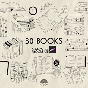 May include: A set of 30 black and white book illustrations for Procreate. The illustrations include various styles of books, including open books, closed books, and stacks of books. The text "30 BOOKS" and "STAMPS FOR PROCREATE" is included in the image.