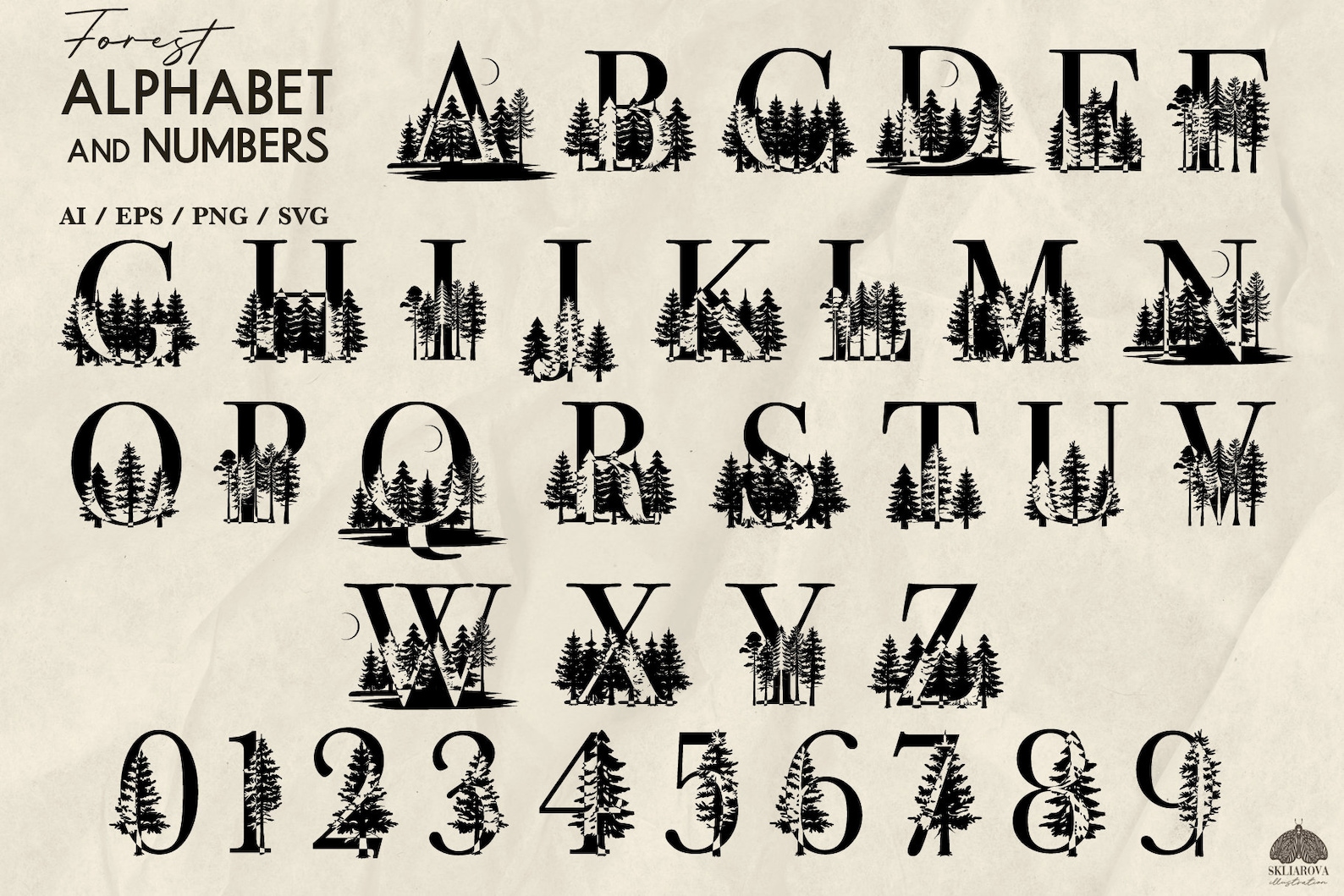 Forest Alphabet SVG Bundle: Pine Tree Monogram Letters and Numbers ...