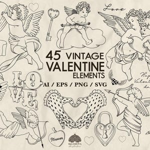 Pacchetto Svg Vintage per San Valentino, Piccoli Cupidi Svg, Amore Svg, Cuori Svg, Disegno a tratteggio, Colomba, Arco, Frecce, Ali, Illustrazioni romantiche