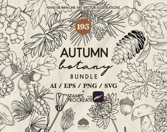 Puede incluir: Una ilustración en blanco y negro de 195 elementos botánicos de otoño. La ilustración incluye hojas, bellotas, piñas, setas y flores. El texto "AUTUMN botany BUNDLE AI/EPS/PNG/SVG + STAMPS FOR PROCREATE" está incluido en la imagen.