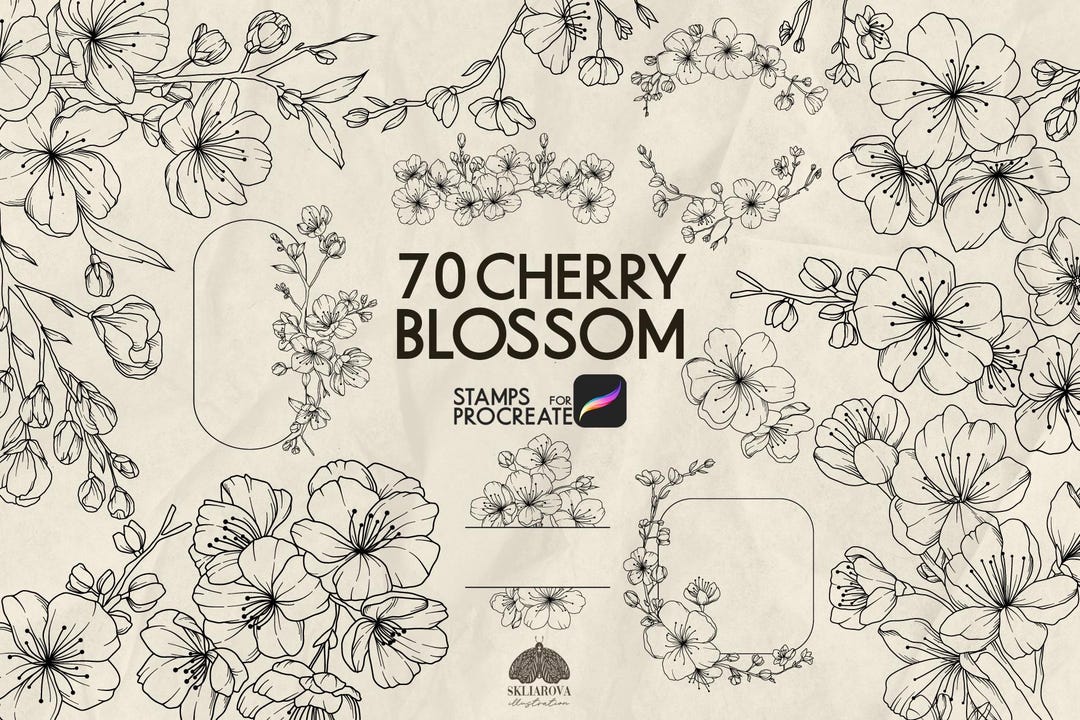 Cherry Blossom Stamps for Procreate: 70 Floral Spring Line Art Brushes ...
