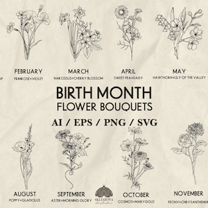 Bundle fleur Svg mois de naissance contour du bouquet de fleurs mois de naissance anniversaire fleur du mois dessin au trait mois de naissance floral botanique Png