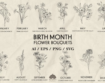 Birth Month Flower Bouquets SVG Set: 12 Botanical Line Art Compositions (+ PNG, EPS)