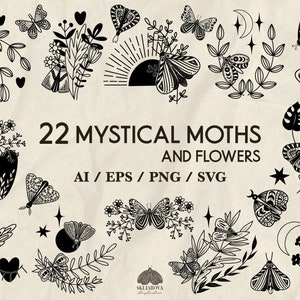 Moth Svg bundle Mystical celestial flowers Sun Moon tattoo design moths outline Gothic mystic floral ink insect Witch butterfly outline Png
