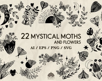 Moth Svg Bundle Mystical Celestial Flowers Sun Moon Moths Clipart Gothic Mystic Tattoo Magic Floral Insect Witch Butterfly Silhouette Png