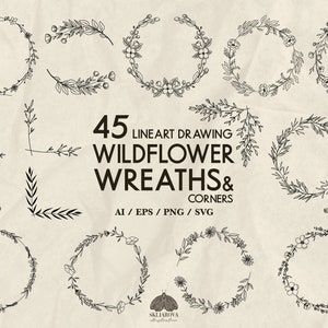45 wieńce Wildflower i obramowania narożne SVG pakiet kwiatowy ramki grafika liniowa kwiaty pliki dla Cricut minimalistyczna sylwetka kwiaty botaniczne
