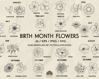 Birth Month Flower SVG Bundle: 26 Botanical Hand Drawn Vector Illustrations (+ png, eps, ai)