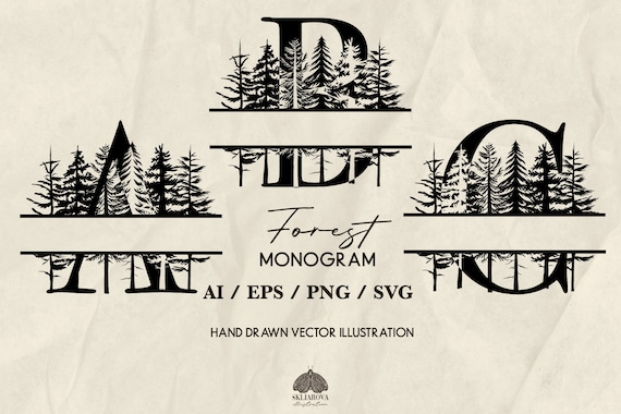 Forest Split Monogram SVG Bundle: Pine Tree Wedding Alphabet Letters (+ PNG, EPS)