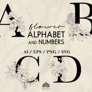 Alphabet floral SVG Bundle fleur Alphabet Svg contour botanique lettres nombre Clipart Floral mariage monogramme ABC Cricut lettre PNG vecteur