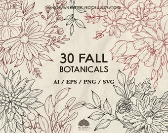 May include: A set of 30 hand-drawn line art illustrations of fall botanicals. The illustrations are in black and white and feature various flowers, leaves, and berries. The text "30 Fall Botanicals" and "AI/EPS/PNG/SVG" is included in the image.