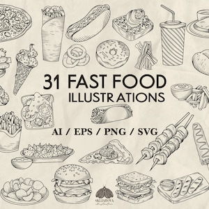 Paquete de Svg de comida rápida Svg de hamburguesa Svg de hamburguesa Svg de sándwich Clipart de comida Svg de pizza Svg de papas fritas Kebab Taco Burrito Svg de hot dog Calcomanía PNG