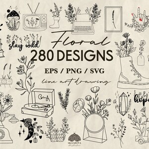 Pacote de design de flores silvestres Svg Flores silvestres svg Flores com objetos Svg Contorno de flores Svg Logotipo floral Ícones Svg minimalista Silhueta floral