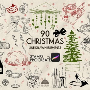 Può includere: Un'illustrazione con 90 elementi natalizi disegnati a linea, tra cui un albero di Natale, calici di champagne e decorazioni festive. L'immagine include il testo "90 CHRISTMAS LINE DRAWN ELEMENTS" e "STAMPS FOR PROCREATE".