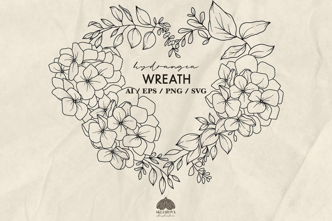 Hydrangea Heart Wreath Svg Png Line Drawing Hydrangea Flower Frame Love ...