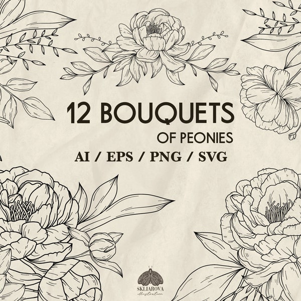 Peony Flowers Svg Floral Fine Line Art Bouquets Botanical Arrangement Hand Drawn Vector Flower Composition PNG Cricut Wedding Design Clipart