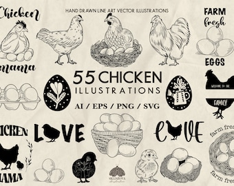 Kyckling SVG-paket: 55 vektorillustrationer med gårdskonturer (+PNG, EPS)