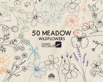 Botanical Stamps for Procreate: 50 Wildflower Line Art Brushes (Procreate iPad Only)