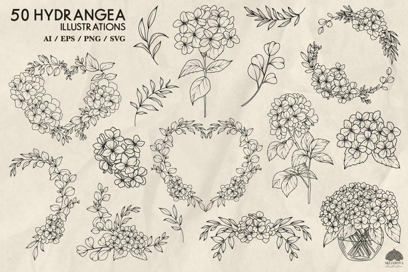 Hydrangea Svg Bundle Line Drawing Hydrangea Flower Wreath Svg Frame ...