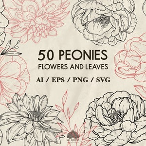Pfingstrose SVG Bundle Floral Fine Line Art Dahlie Blumen Botanische Hand gezeichnete Vektor Blume PNG Schnitt Datei Hochzeit Design Clipart Kommerzielle Nutzung